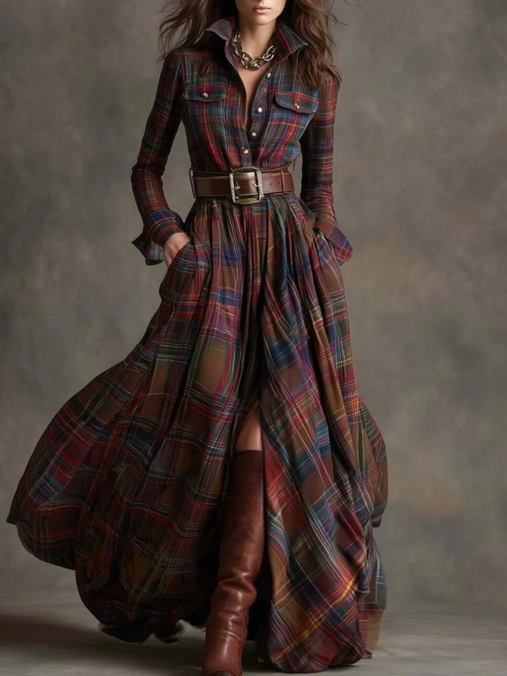 Full Size Plaid Long Sleeve Shirt Maxi Dress Plus Size